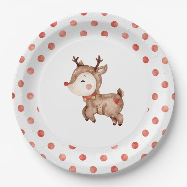Prato de papel de aniversário de Rena de Natal (Frente)