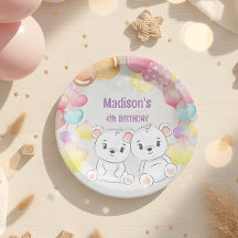 prato de papel de aniversário de ursinho branco