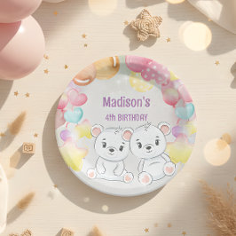 prato de papel de aniversário de ursinho branco