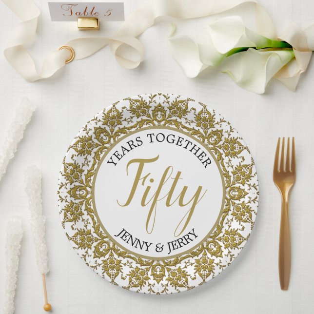 Prato de papel de aniversário dourado e branco (Casamento)