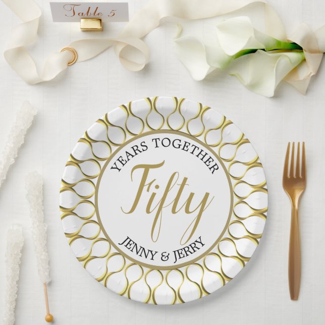 Prato de papel de aniversário elegante dourado e b (Casamento)