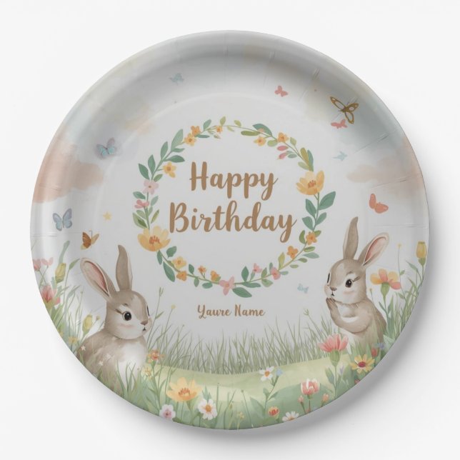 Prato de Papel de Aniversário Sweet Bunny Meadow – (Frente)