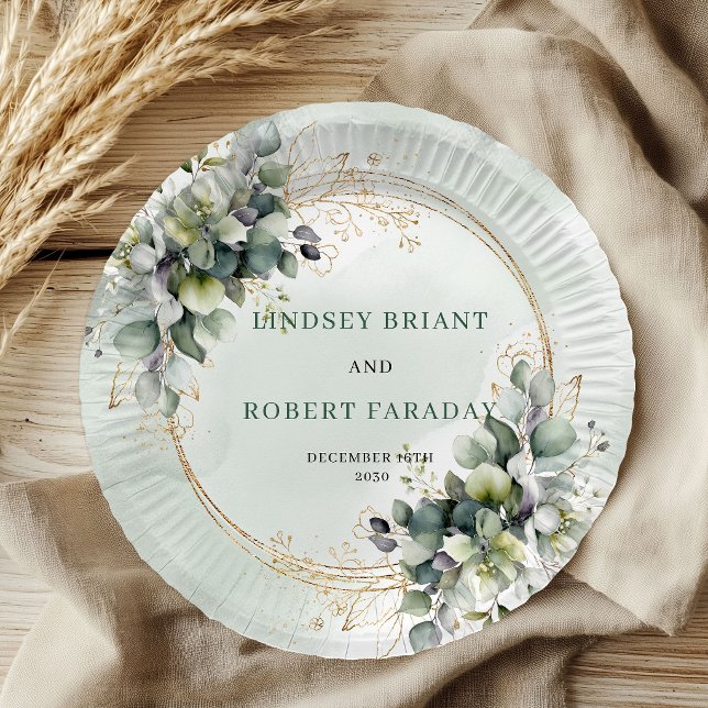 Prato de Papel de Casamento com Folhagem Verde em  (usty Green Foliage Watercolor Wedding Paper Plates)