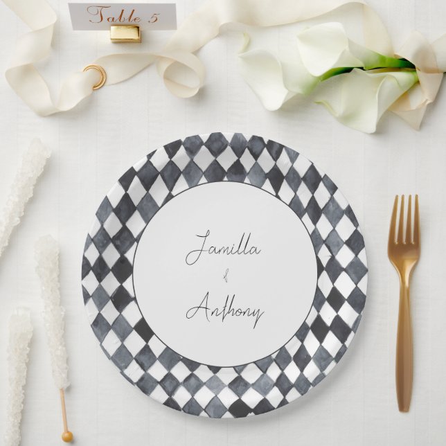 Prato de papel de diamante preto e branco (Casamento)
