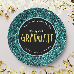 Prato de Papel de Formatura com Glitter Verde Água
