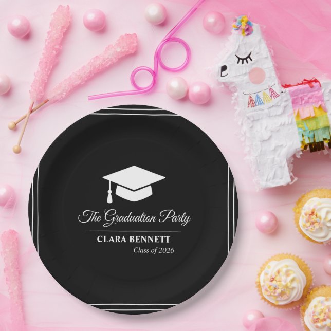 Prato de Papel de Graduação Preto e Branco Moderno (Festa)