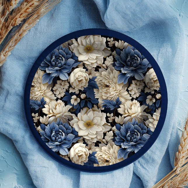 Prato de Papel de Luxo Floral Branco Marfim Premiu (Premium Navy White Ivory Floral Luxury Paper Plates)