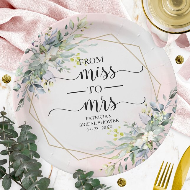 Prato De Papel De Miss a Mrs Greenery Bridal Shower Geométrico (Criador carregado)