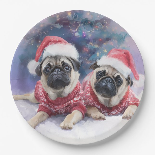 Prato de papel de Natal para amantes de pug (Frente)