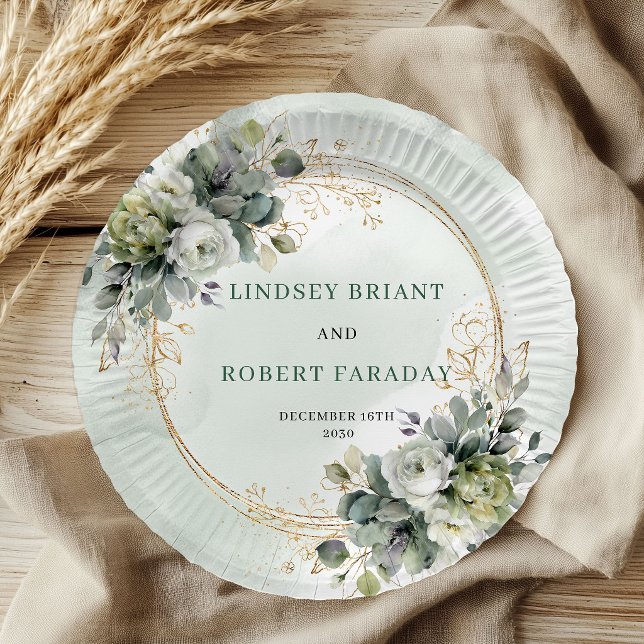 Prato de Papel de Noiva Folhagem Botânica Dourada (Greenery Botanical Gold Foliage Wedding Paper Plates)