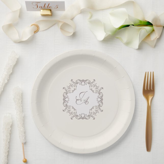 Prato de Papel de Noiva Monograma Barroco Marfim (Casamento)