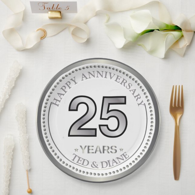 Prato de papel de prata de aniversário de 25 anos (Casamento)