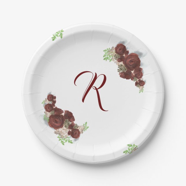 Prato de Papel de Rosas Burgundy Monogramadas Eleg (Frente)