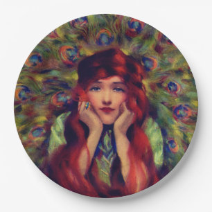 Prato De Papel Deco art nouveau mulher penas de pavão elegante