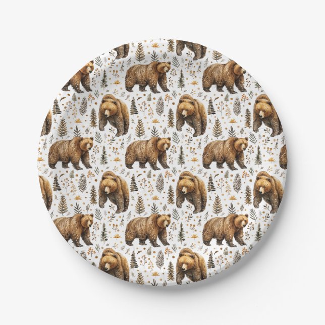 Prato De Papel Decoração de Cabine Urso Marrom Floresta  (Frente)