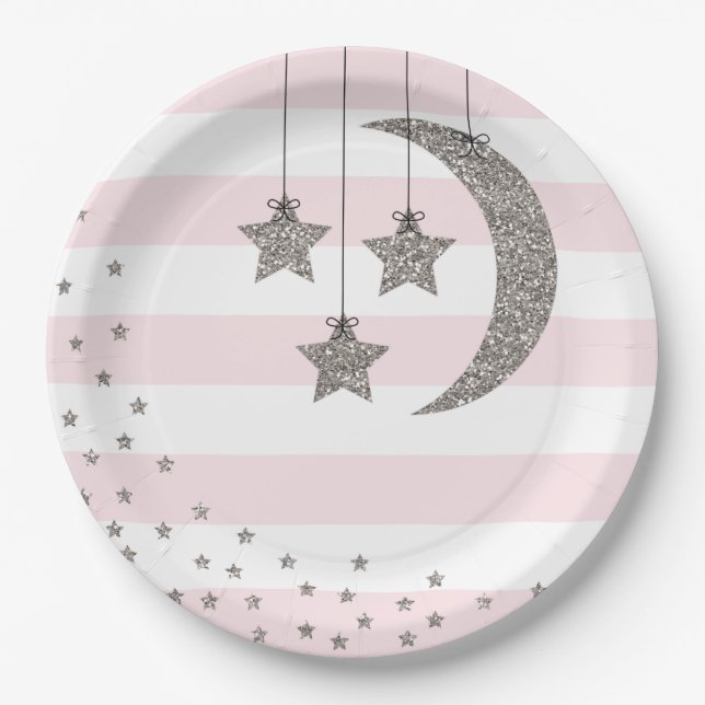 Prato De Papel decoração do chá de fraldas brilha prateada rosa (Frente)