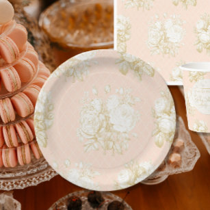 Prato De Papel Decoração do Chá Dourado Rosa-Rosa-Floral Elegante