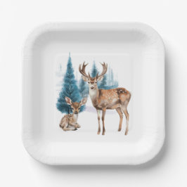 Prato De Papel Deer and doe with snowy pine tree
