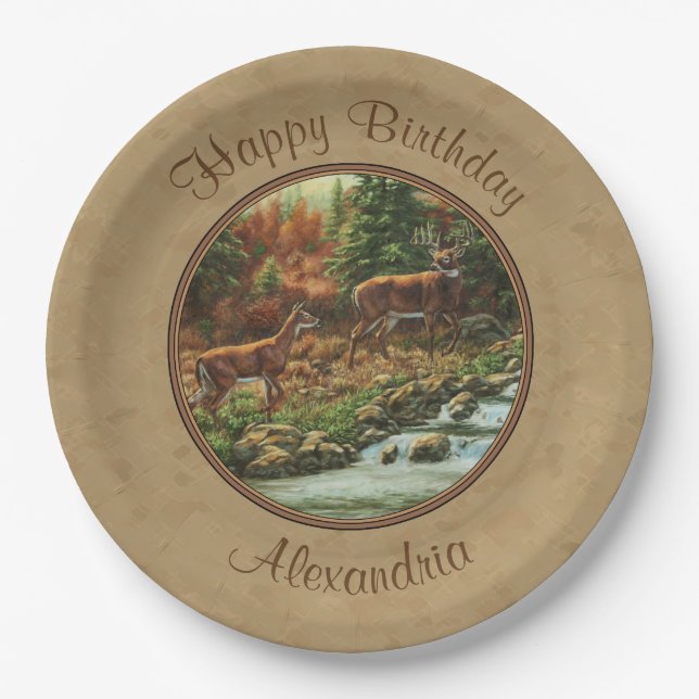 Prato De Papel Deer and Stream Waterfall Tan (Frente)