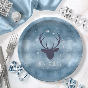 Prato De Papel Deer Antlers Silhouette & Snowflakes Blue ID861