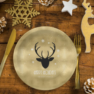 Prato De Papel Deer Antlers Silhouette & Snowflakes Dourado ID861