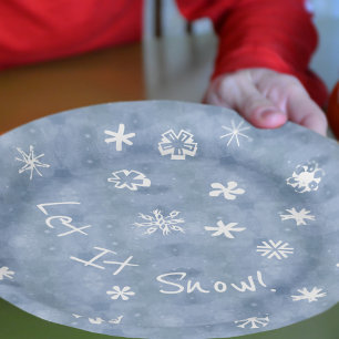 Prato De Papel Deixem-na nevar Flocos de neve azuis Feriados de i