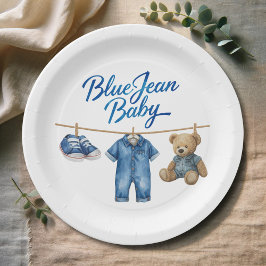 Prato De Papel Denim Bear Clothesline Boy Blue Jean Chá de fralda