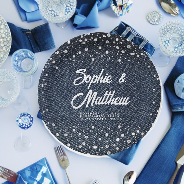 Prato De Papel Denim Diamantes Pérolas Chá de casamento Azul (denim and pearls couple wedding shower custom paper plate blue jeans white rustic western country )
