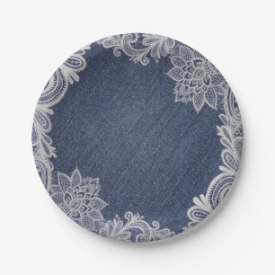 Prato De Papel Denim e Renda Floral Branca Elegante Casamento Vin