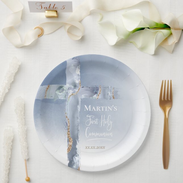 Prato De Papel Derrame azul agate cruz Primeira Comunhão (Casamento)