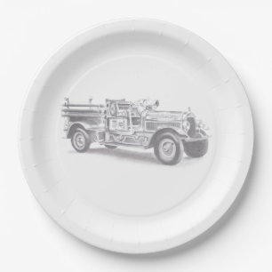 Prato De Papel desenho a lápis de caminhão de bombeiros vintage