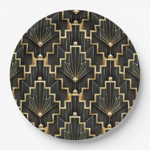Prato De Papel Desenho Art Déco Preto e Dourado