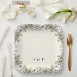 Prato De Papel Desenho de flores marfim casamento romântico