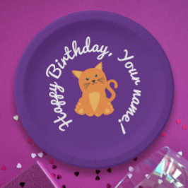 Prato De Papel Desenho de Gatinho Laranja Roxo Fofo e Caprichoso
