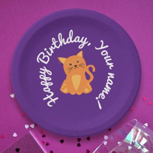 Prato De Papel Desenho de Gatinho Laranja Roxo Fofo e Caprichoso