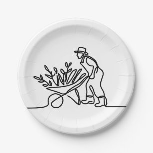 Prato De Papel desenho de linha de um agricultor ou jardineiro