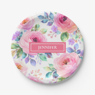 Prato De Papel Desenho do Nome Personalizado Floral Boho Nascer d