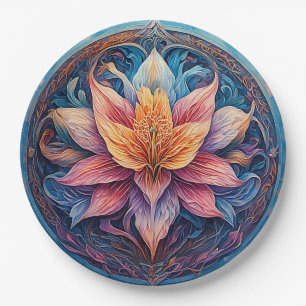 Prato De Papel Desenho Floral de Mandala Colorido