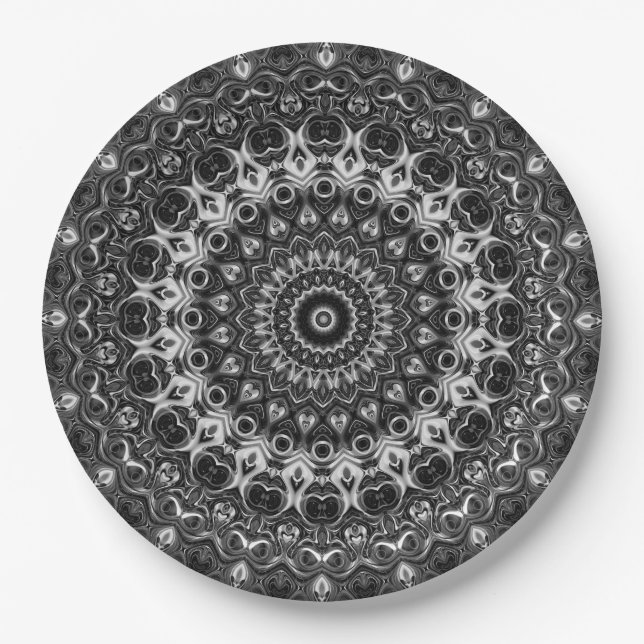 Prato De Papel Desenho Geométrico Mandala Preto e Branco (Frente)