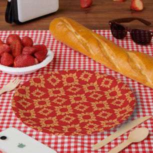 Prato De Papel desenho ornamental vermelho e dourado