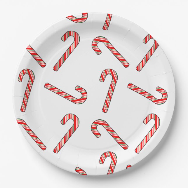 Prato De Papel Desenhos De Candy Cane Em Branco Verde Vermelho (Frente)