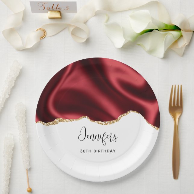 Prato De Papel Design Abstrato de Satin Wavy Satin Dark Red Glam  (Casamento)