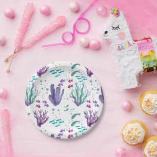 Prato De Papel Design de Aquarelas de Peixes e Corais