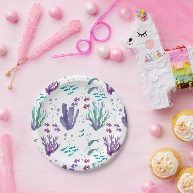 Prato De Papel Design de Aquarelas de Peixes e Corais (Festa)