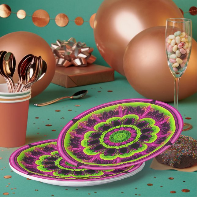 Prato De Papel Design de caleidoscópio rosa neon e verde (Múltiplo)