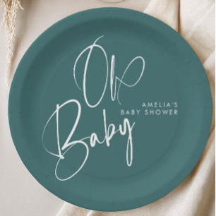 Prato De Papel Design de Chá de Bebê Dusty Teal Oh Baby Baby