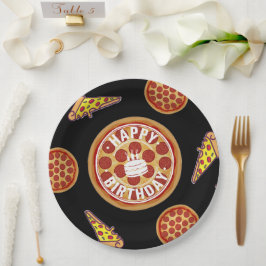 Prato De Papel Design de Feliz Aniversário com Pizza Inteira