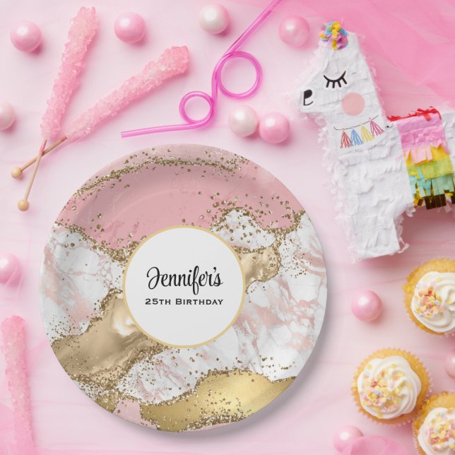 Prato De Papel Design de mármore rosa-Dourado Rosa de luxo Aniver (Festa)
