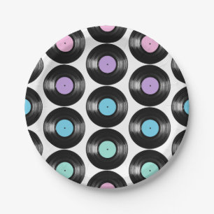 Prato De Papel Design de Padrão Colorido de Discos de Vinil Retrô