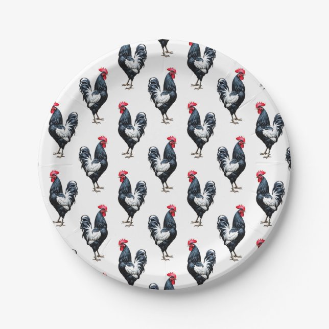 Prato De Papel Design de Padrão de Frango Cockerel (Frente)